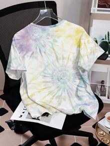 SHEIN X Care Bears Tie-Dye Casual Cartoon Cheer Bears Bedtime Bear, Good Luck Bear, Love-A-Lot Bear, Funshine Bear, Tenderheart Bear Letter Print Crew Neck Short Sleeve T-Shirt For Women