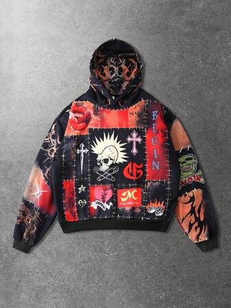 Sudadera con capucha holgada, casual y versátil con estampado de anime para hombres