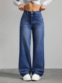 ICON Pantalones vaqueros de pierna recta versátiles de unicolor con bolsillo - Azul lavado oscuro 2 - Ver 3