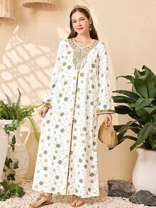 SHEIN Váy suông rộng họa tiết hoa kèm ruy băng vàng cho bé gái tuổi teen - Vàng - Xem 3