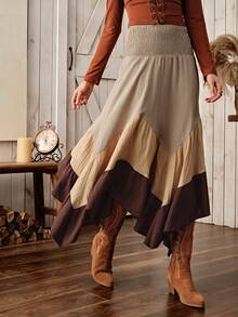 Wildy BOHO Casual Country Style Color Block Asymmetrical Hem Skirt For Women, Versatile Basic For Daily Wear, Autumn/Winter/All Season - Multicolor - View 3