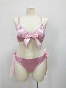 PetitDoll 大码女式两件套内衣套装：可调节肩带短款上衣（带蝴蝶结装饰）+蝴蝶结装饰内裤 - 粉色 - 查看 5