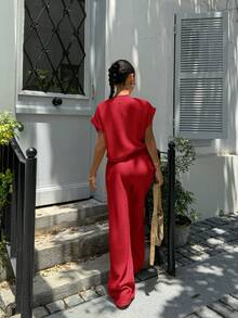 SHEIN EZwear 2pcs Women's Solid Color Round Neck Simple Casual Loose Top And Pants Set - Red - View 2