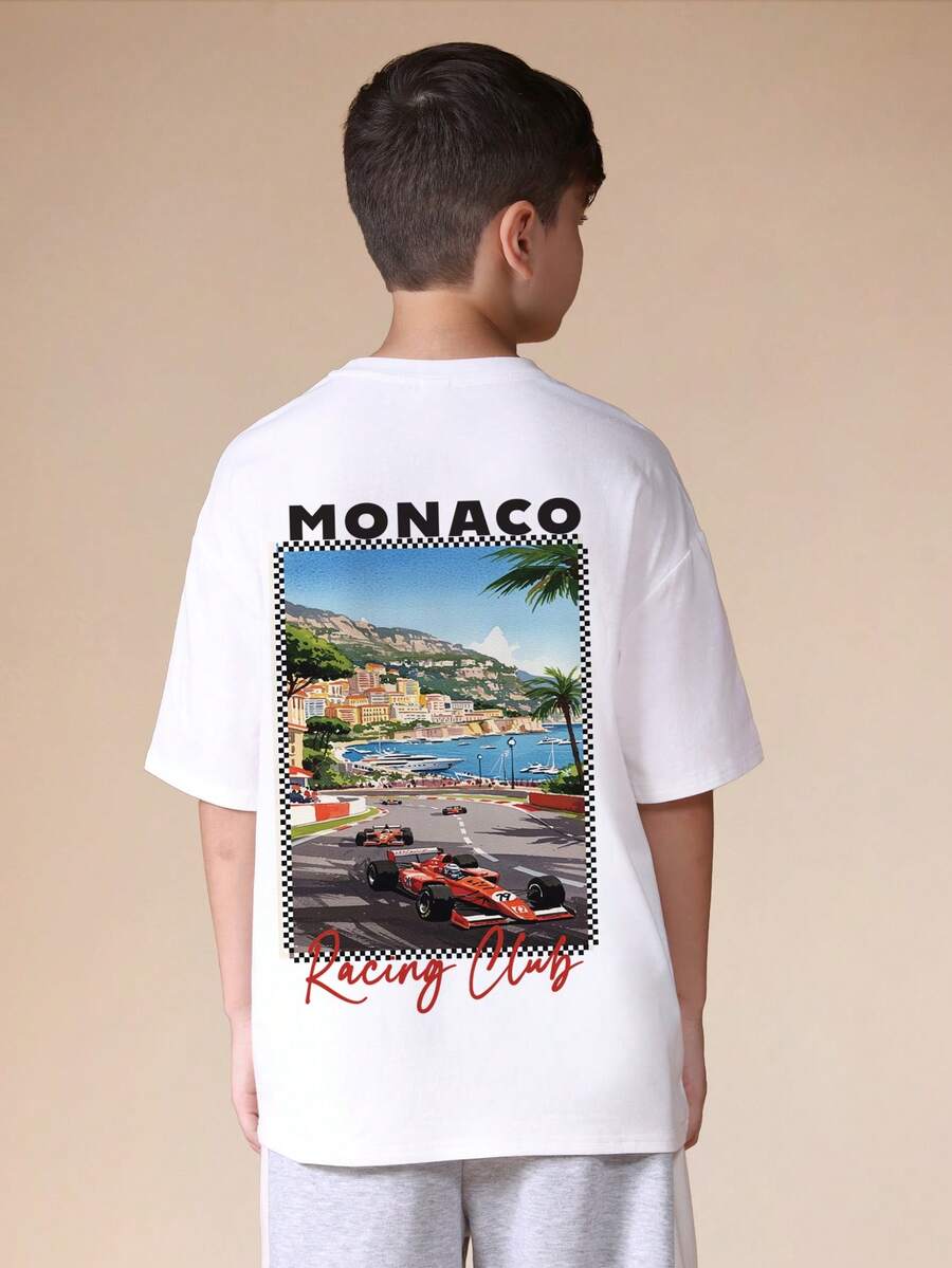 SUMWON Áo thun cotton tay ngắn cổ tròn cho bé trai của câu lạc bộ đua xe Monaco, in hình đường đua và logo, kiểu dáng thường ngày, thích hợp cho mùa hè. - trắng - Xem 1