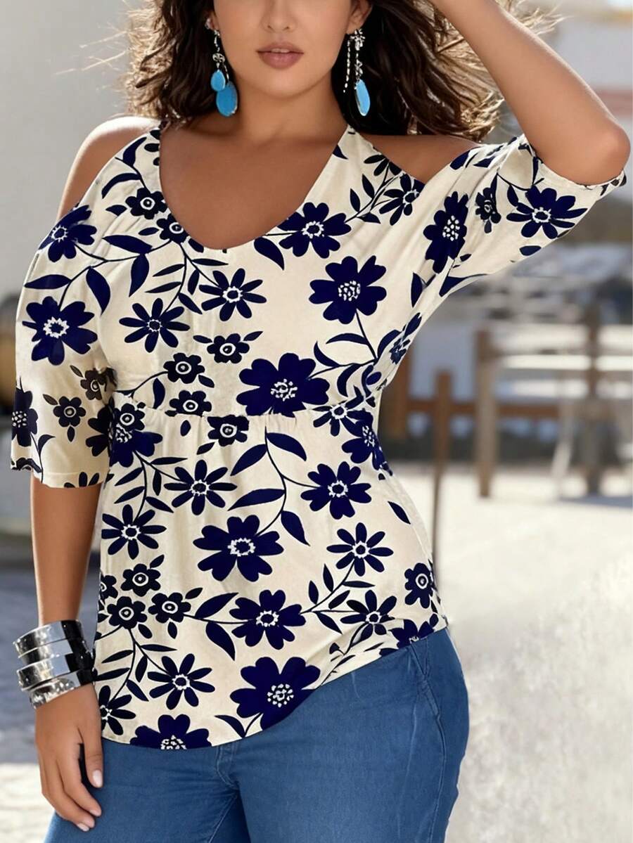 INAWLY Solva Plus Size Floral Print Cold Shoulder Casual Top - Multicolor - View 1