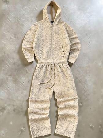 Manfinity Roghcode Men's Casual Tie-Dye Rhinestone Zip-Up Hoodie And Sweatpants Set, Autumn