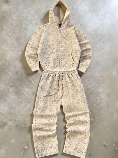 Manfinity Roghcode Conjunto de sudadera con capucha y pantalón de chándal casual con efecto tie-dye y strass para hombre, otoño