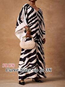 Veslaya 春夏新品，优雅度假、生日派对、宴会、返校、学院风、日常休闲、邮轮旅行、爆款、街头风、通勤、商务休闲、约会、聚会V领七分袖连衣裙，袖口开衩，大码版型，蝙蝠袖，黑米色斑马纹大码长裙，大码罩衫，动物纹大码，曲线大码上衣 - 彩色 - 查看 4