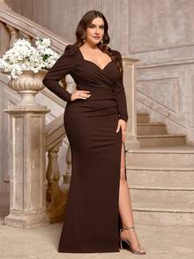 SHEIN Belle Váy phù dâu thanh lịch tay lỡ vải thun caramen cỡ lớn xẻ tà cao - Cà phê nâu - Xem 4