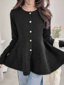 FRIFUL Women's Metal Button Decor Ruffle Hem Loose Solid Color Cardigan - Grey - View 2