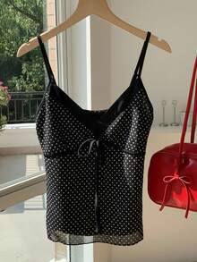 Comfortcana Women's Black & White Polka Dot Print Tie Strap Camisole - Black - View 4