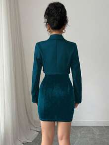 Elenzga 女士优雅浪漫套装：短款西装外套搭配束腰珍珠装饰连衣裙 - 水鴨藍 - 查看 2