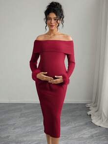 SHEIN Maternity Long Sleeve Fuzzy Off-Shoulder Bodycon Dress - Burgundy - View 5