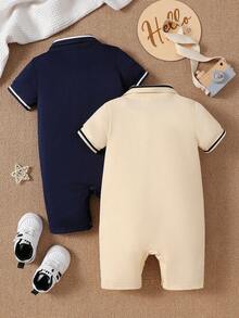 SHEIN 两件套男童休闲半开领POLO衫（马匹图案）及短裤套装，舒适连体短裤，适合派对、日常穿着、运动、夏季等场合。 - 寶藍色 - 查看 2