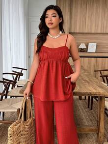 Weeklong Plus Size Women's Casual Camisole & Wide Leg Pants 2 Pieces Set, Spring/Summer - Red - View 6