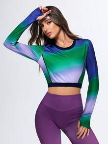 SHEIN Women's Green Autumn Athleisure Gym Gradient Long Sleeve Crop Top,Colorful Ombre Stretch Athletic Yoga Shirt,Slim Fit Workout Tee,Activewear Running - Multicolor - View 6