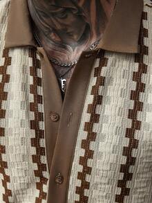 Manfinity CasualCool Men's Contrast Stripe Casual Shirt With Front Button Closure And Flat Collar Men Knitted Button Up Crochet Men Shirt,Men's Geometric Jacquard Long-Sleeved Button-Down Shirt,Men's Boho Apricot Regular Fit Striped Knitted Long Sleeve Button Front Collar Shirt - Apricot - View 3