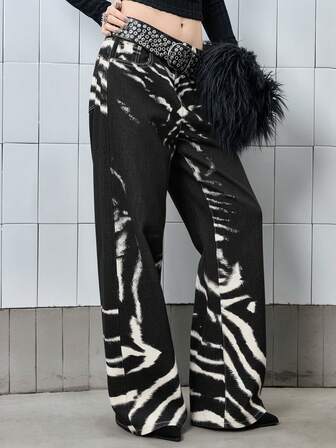 J-Fashion Jeans rectos y sueltos con estampado degradado de cebra, diseñados por Shibuya Girls, unisex