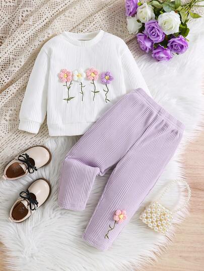 Baby Girls Casual Comfortable Round Neck Loose Long Sleeve Ribbed Knit Floral Decor Top + Fitted Contrast Color Floral Decor Ribbed Knit Pants T-Shirt Set, Suitable For Daily Casual Wear