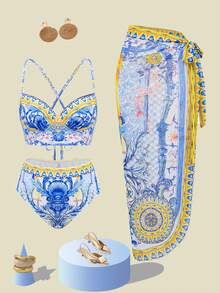 Swim Oasis 女士图腾印花性感加垫钢圈交叉露背三件套比基尼套装，春夏款 - 彩色 - 查看 4