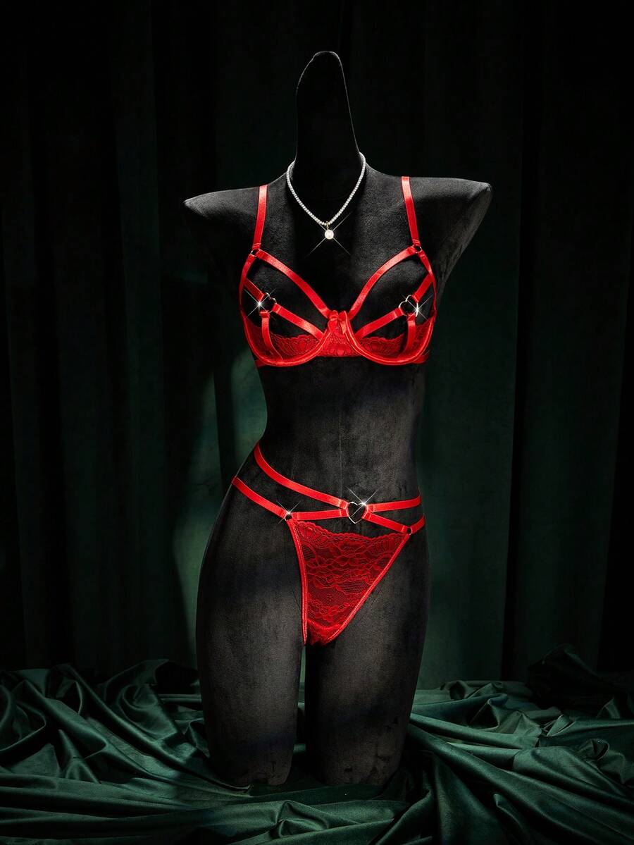 SpicyHot 2pcs Lace Sexy Lingerie Set (With Underwire, Thong) For Women - Red - View 1