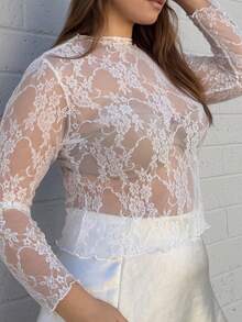 Nezia Cruz Plus Size Stand Collar Sheer Lace Top Fall Cloth For Women - White - View 4