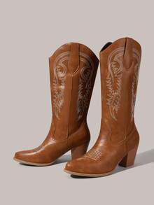 Styleloop 棕色西式尖头刺绣粗跟一脚蹬牛仔靴，适合秋冬、圣诞节、万圣节的时尚派对装 - 棕色 - 查看 3