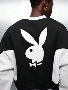 PLAYBOY X SUMWON 短款修身Logo圆领套头卫衣，撞色袖子和背部印花图案，打造休闲街头风。 - 黑色 - 查看 7