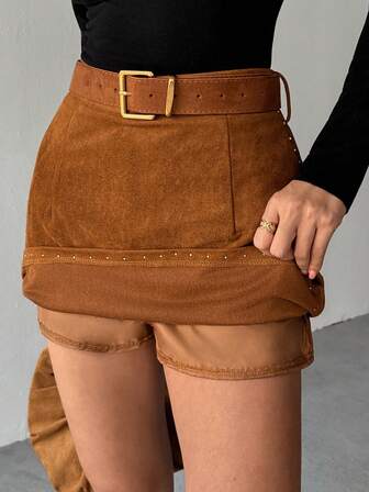 Almamuse 女士秋季仿麂皮迷你裙，饰有铆钉细节