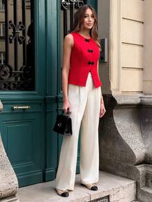 Pariaura Áo không tay nữ với cúc hình ếch Trung Quốc và họa tiết rồng phượng, thiết kế thắt eo, kiểu dáng thời trang, áo mùa hè, áo đỏ cho nữ, áo đỏ, năm mới, áo nữ đón năm mới, áo thường ngày cho nữ, áo mùa hè cho nữ, áo đỏ cho nữ, áo tank top đỏ đen, áo đỏ và kiểu Pháp. - Đỏ - Xem 4