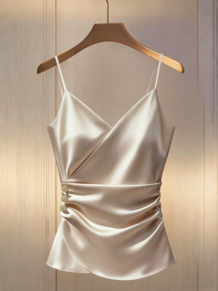 Franclia Sexy Spaghetti Strap Ruffle Trim Metal Buckle Decor Fitted Camisole Satin Top Silk Top Elegant Camisole Champagne Cami Formal Top Champagne Top Satin Blouse Elegant Top - Apricot - View 1