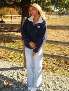 Sydney Algeri 印花宽松立领拉链开合长袖女式夹克，秋季女装，羊毛衬里 - 藏蓝色 - 查看 6