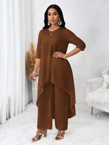 SHEIN Lady 四季秋季女装 白色长袖不规则两件套 女士秋季套装 女士套装 女士服装套装 女士两件套 秋季两件套 返校季 秋季女士套装 白色女士套装 女士服装套装 套装 两件套 婚礼礼服 女士两件套 - 棕色 - 查看 4