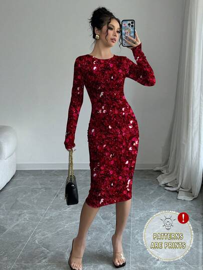 SHEIN Clasi Faux Sequins Beaded Red Sequin Print Women's Dress, Suitable For Autumn/Winter Everyday, Elegant, Christmas, New Year