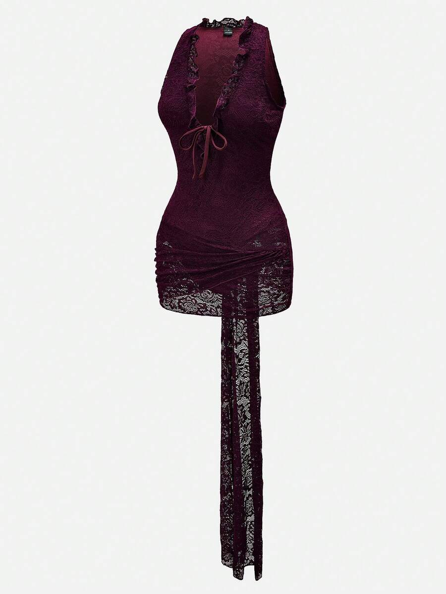 Swim Oasis 女士蕾丝吊带长款飘逸连衣裙，适合秋冬季派对穿着 - 酒紅色 - 查看 1