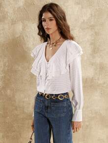 Women's Casual Ruffled Collar Long Sleeve Blouse, Bohemian Style, Autumn/Winter - White - View 4
