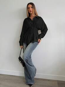 Aloruh Women's Solid Black Casual Business Loose Waist Pleated Collar Long Sleeve Shirt, Autumn/Winter Women's Black Shirt - Black - View 6