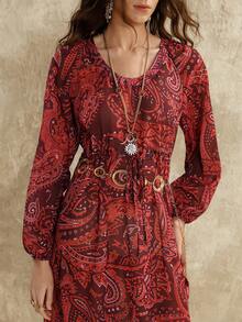 Florisole Váy suông dáng chữ A tay đèn lồng họa tiết Paisley boho cổ điển thanh lịch dành cho nữ, mùa xuân/thu - Gỗ đỏ - Xem 3