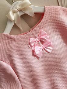 SHEIN Tween Girls' Pink Short Sleeve Loose A-Line Dress With Bow Design, Elegant For Commuting Elegant Pink Bow Girls Dress - Pink - View 3