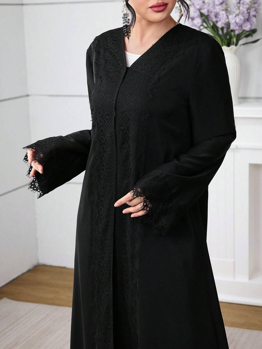 Al Najma 女士宽松休闲蕾丝边长袍，日常穿着 - 黑色 - 查看 1