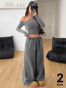 Coolane Women's Daily Wear Essentials Knit Stretchy Comfy Asymmetrical Neck Long Sleeve Tops And Wide Leg Sweatpants Tracksuit,2pcs,French Grey - Grey - View 2