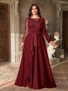 Aureia Plus Size Burgundy,Winter,Elegant,Formal,Dinner,Evening Luxury Sequin Patchwork Satin Ruffle Hem A-Line Maxi Evening Gown Military Green - Burgundy - View 1