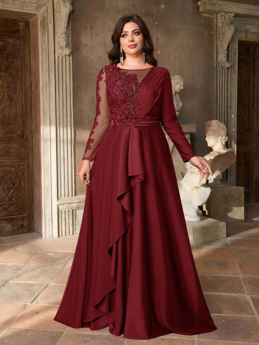 Aureia Plus Size Burgundy,Winter,Elegant,Formal,Dinner,Evening Luxury Sequin Patchwork Satin Ruffle Hem A-Line Maxi Evening Gown Military Green - Burgundy - View 1