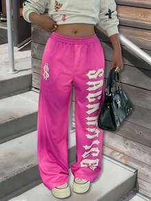 Rovax Quần ống đứng lưng thun in chữ thời trang giản dị có dây rút - Nhiều màu - Xem 3