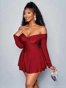 SOLERSUN 女士冬装优雅通勤情人节新年派对女士秋冬女士性感单肩连体裤，腰部修身荷叶边安格拉红色迷你假裙连体裤， - 酒紅色 - 查看 4