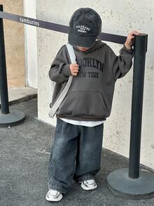 男童韩版宽松牛仔套装，连帽卫衣搭配时尚牛仔裤 - 彩色 - 查看 5