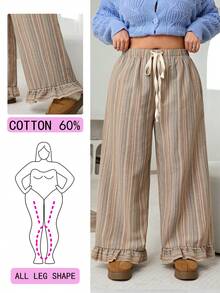 SHEIN EZwear 大码女式抽绳腰条纹阔腿宽松休闲裤 - 彩色 - 查看 8