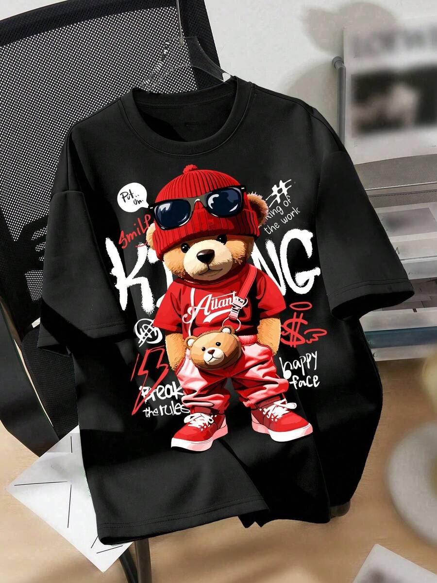 Camisetas de niños camisetas de  con osos estampados de animales camisetas de manga corta para niños de 4 a 16 años? Comoda y Ligera cuello redondo  manga corta camiseta deportiva camiseta casual adolescente personalidad para niños y niñas - Negro - Ver 1