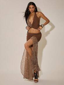 SHEIN BAE 女士卡其色亮片拼接网纱扭结露背短款上衣/亮片上衣/串珠上衣，适合舞会、音乐会、暑假、春假、狂欢节、海滩、外出、Y2K风格、度假 - 棕色 - 查看 3