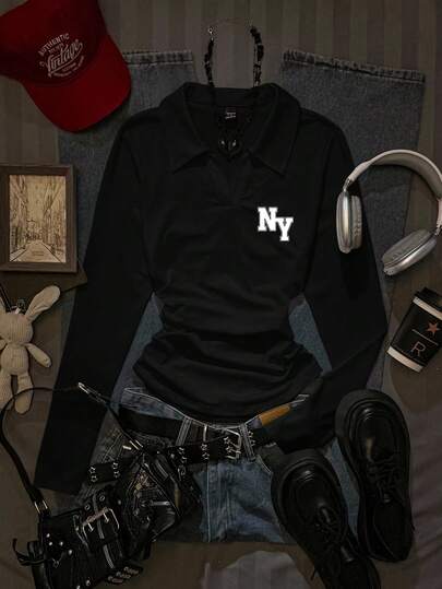 Attitoon Estilo retro casual, estilo minimalista, estilo universitario, camiseta de manga larga versátil con estampado de logotipo NY, adecuada para otoño/invierno, aeropuerto, camiseta gráfica